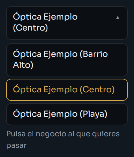 El selector de centro de Nexodia abierto, con las tres tiendas