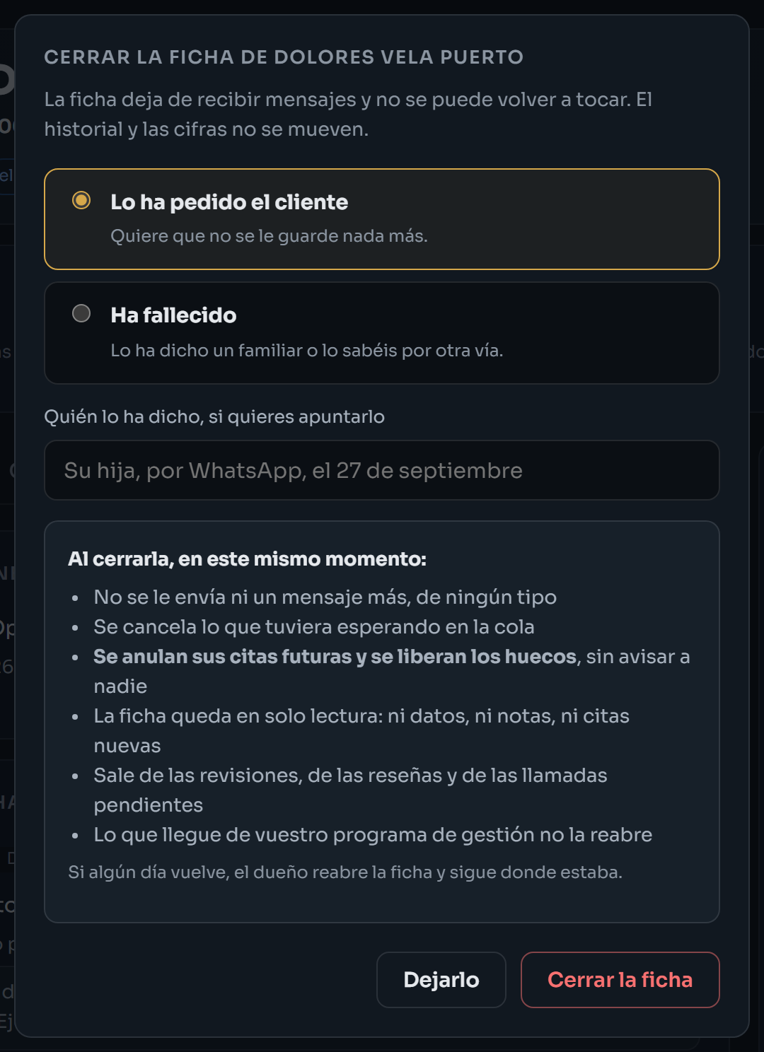 Ventana para cerrar la ficha, con la opción Ha fallecido y quién lo ha dicho
