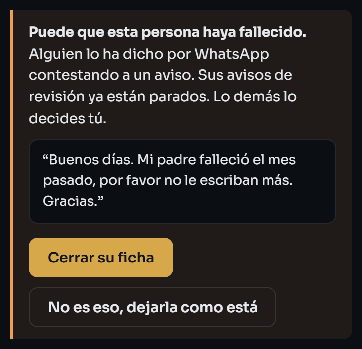 El aviso dentro de la ficha, con lo que escribió la familia y los botones Cerrar su ficha y No es eso