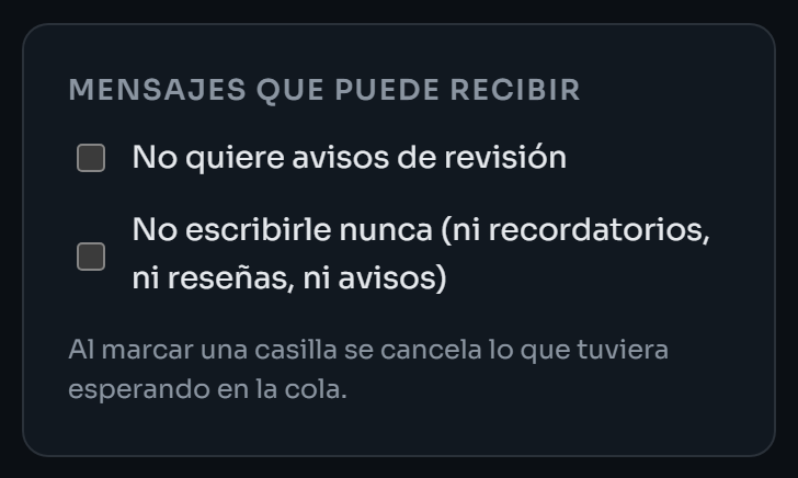 Las dos casillas de Mensajes que puede recibir, en la ficha