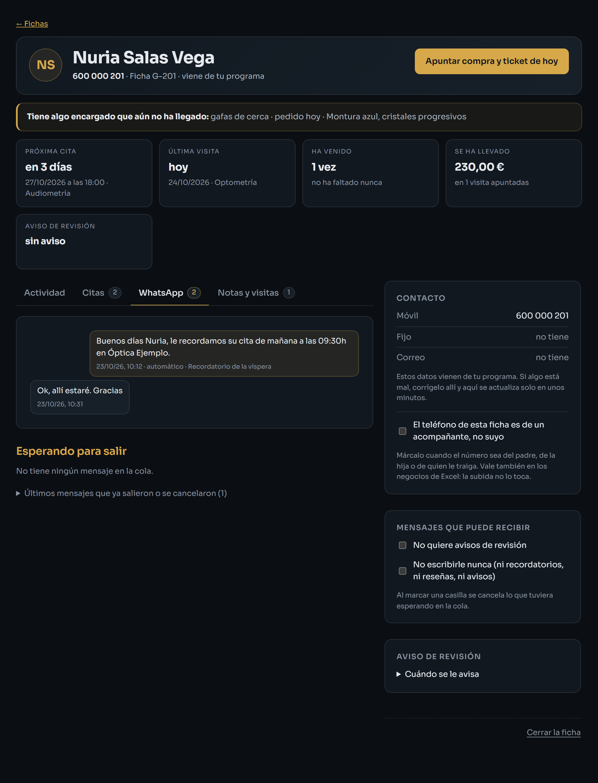 Pestaña WhatsApp de la ficha, con el recordatorio y la respuesta de la persona