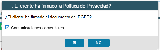 Ventana de GIO al guardar: ¿El cliente ha firmado el documento del RGPD?, con la casilla Comunicaciones comerciales y los botones SI y NO