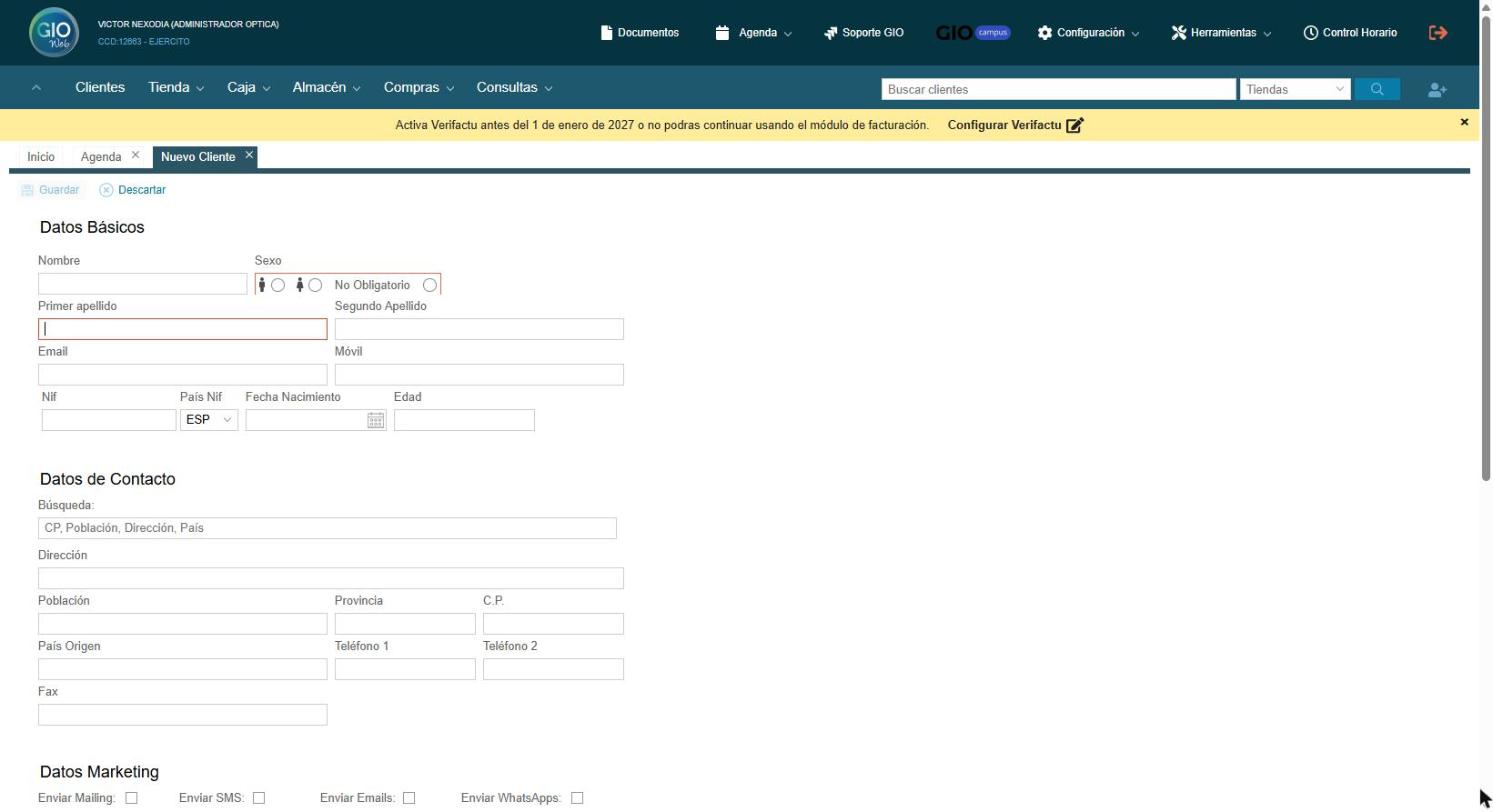 Ficha de cliente nueva en GIO: nombre, apellidos, correo, móvil y teléfonos
