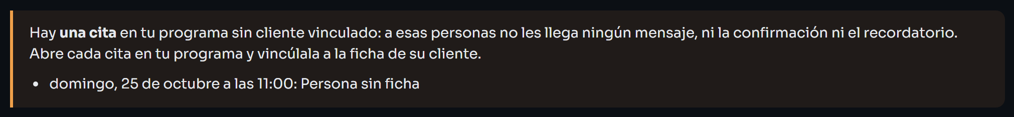 Aviso de Inicio con una cita de GIO sin cliente vinculado: día, hora y nombre